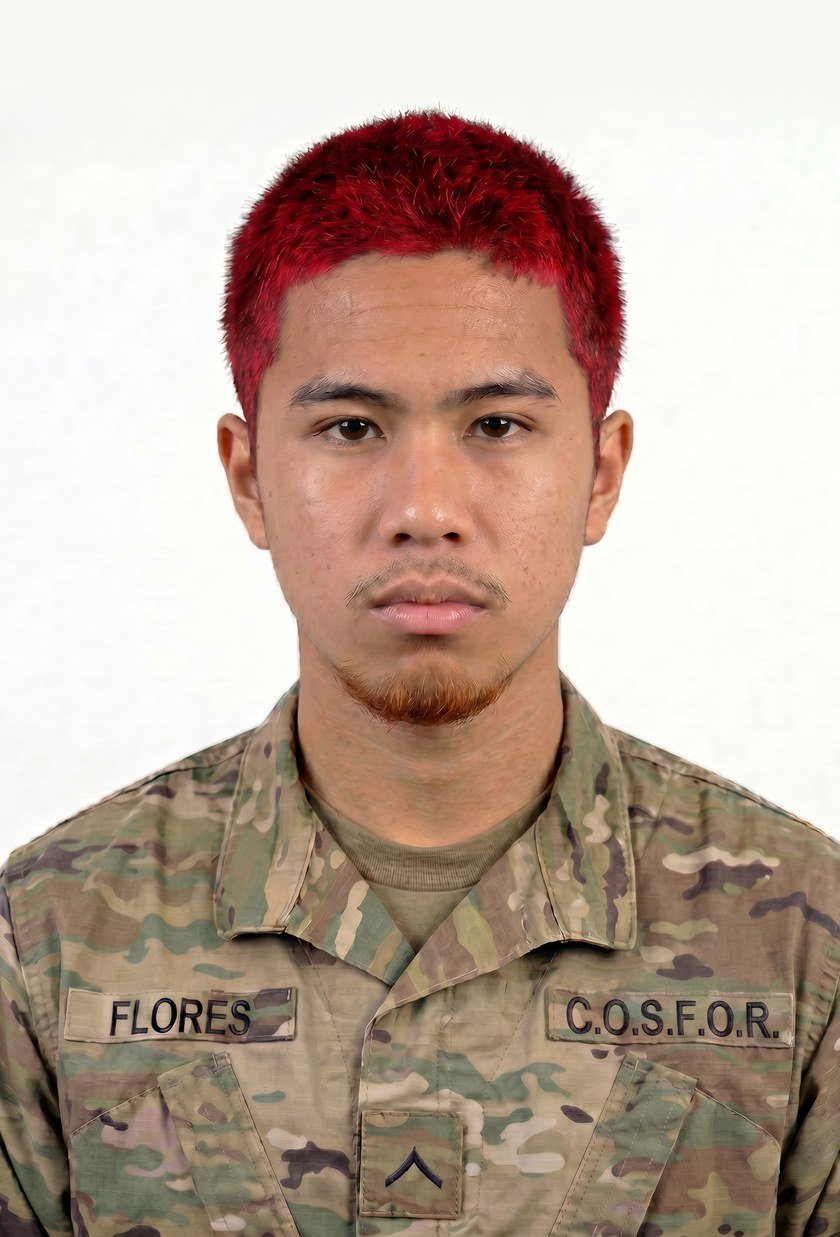 Ethan Flores in uniform, Private (PV2) chevron, C.O.S.F.O.R. tape