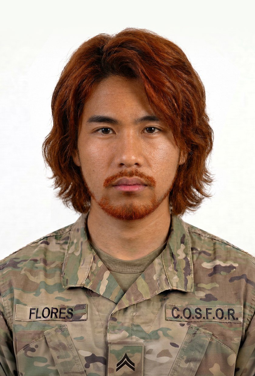 Ethan Flores in uniform, Corporal chevrons, C.O.S.F.O.R. tape