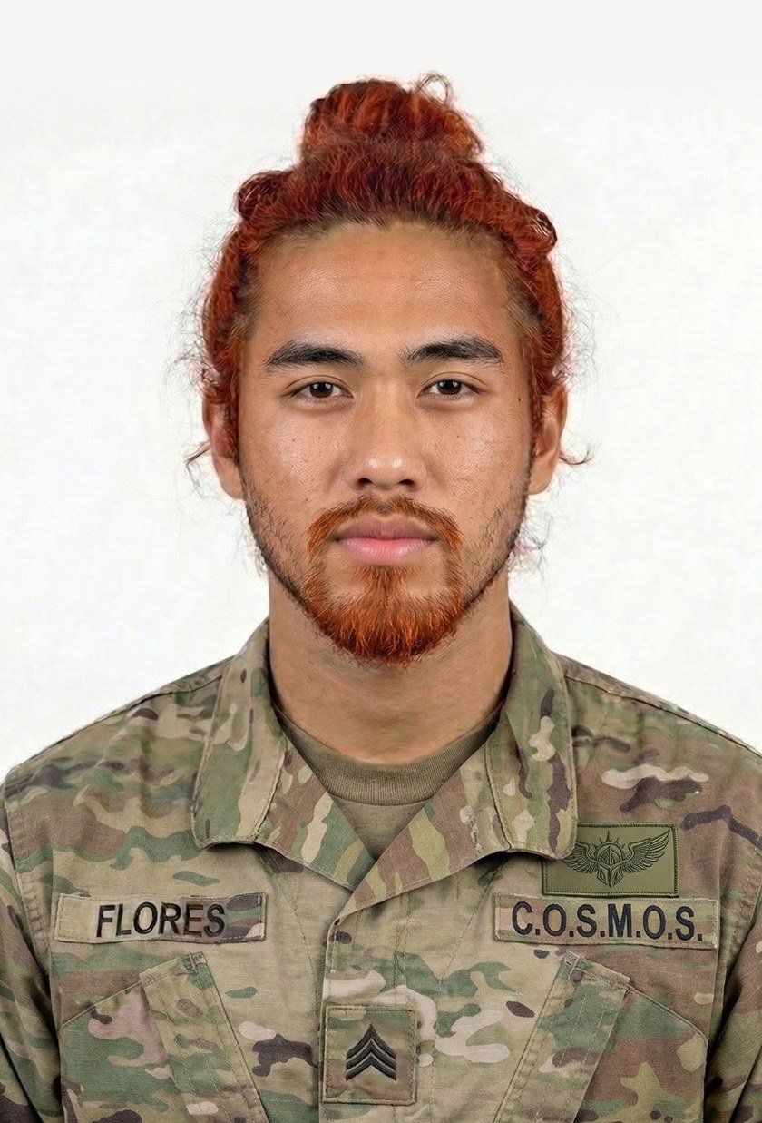 Ethan Flores in uniform, Sergeant chevrons, C.O.S.M.O.S. tape and unit patch