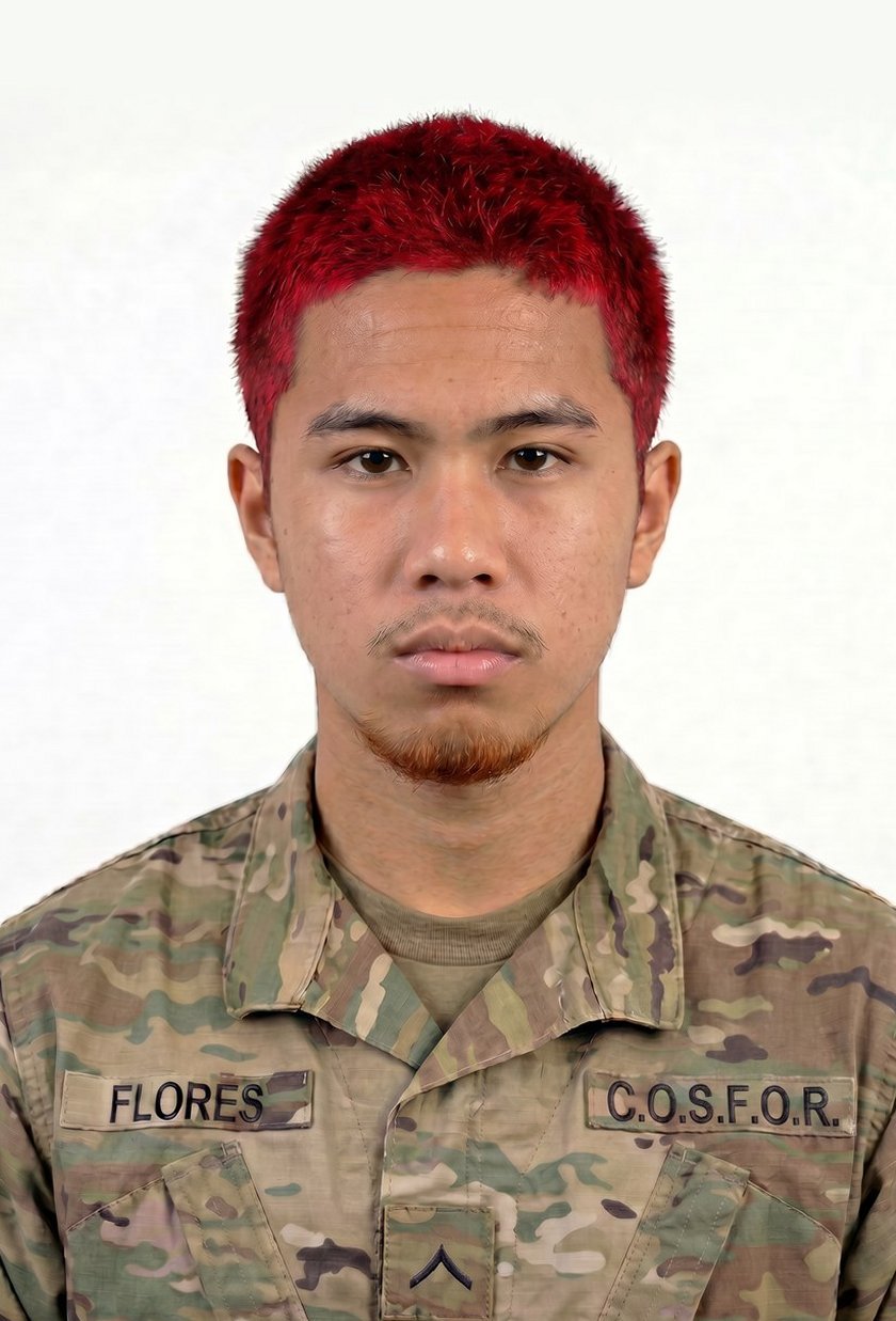 Ethan Flores in uniform as a Private (PV2), C.O.S.F.O.R. tape